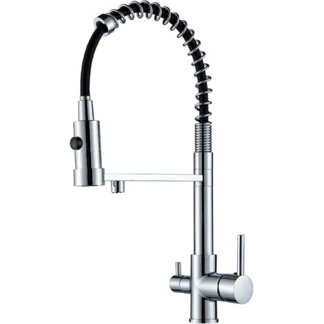 Robinet de Cuisine Acier Inoxydable Chrome – 3 Voies, Rotation 360°, Double Lance de Rinçage Extensible Haute Pression, 3 en 1 pour Filtre à Eau (Eau Pure)