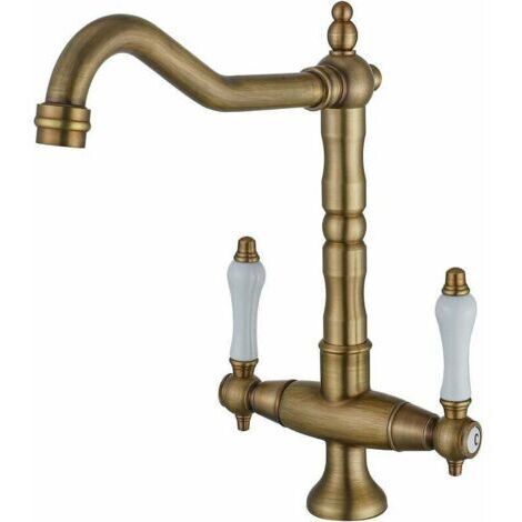 Robinet de cuisine antique en laiton – Bec haut pivotant 360° – Double poignée céramique – Mousseur nid d'abeille économiseur d'eau