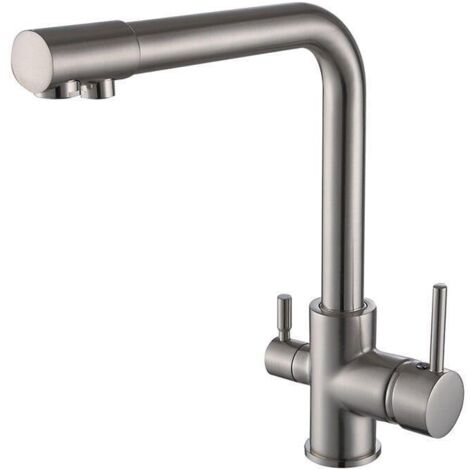 Robinet de Cuisine avec 2 Poignées MitigEU Evier Pivotant à 360° Robinetterie Cuisine Eau Potable Eau Froide et Chaude Nickel Brossé