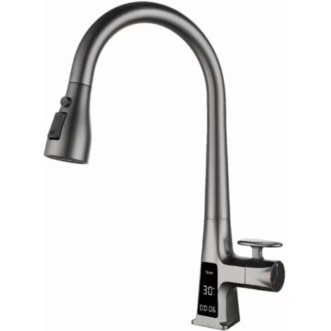 Robinet de cuisine avec affichage numérique LED , robinet d'évier en laiton avec douchette extractible , robinet d'évier de cuisine à poignée unique 3 modes avec bec pivotant à 360 degrés , gris bronz