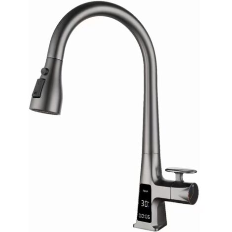 Robinet de cuisine avec affichage numérique LED , robinet d'évier en laiton avec douchette extractible , robinet d'évier de cuisine à poignée unique 3 modes avec bec pivotant à 360 degrés , gris bronz