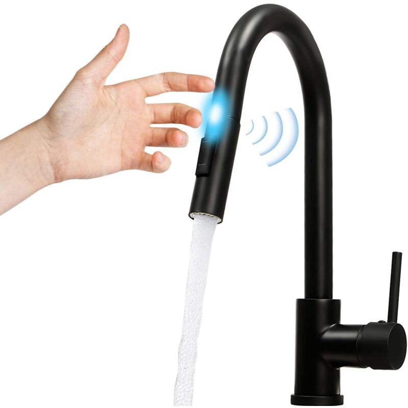 Robinet de cuisine avec capteur tactile, robinet de cuisine extensible, rotatif à 360°, deux modes d'eau chaud et froid, double utilisation pour