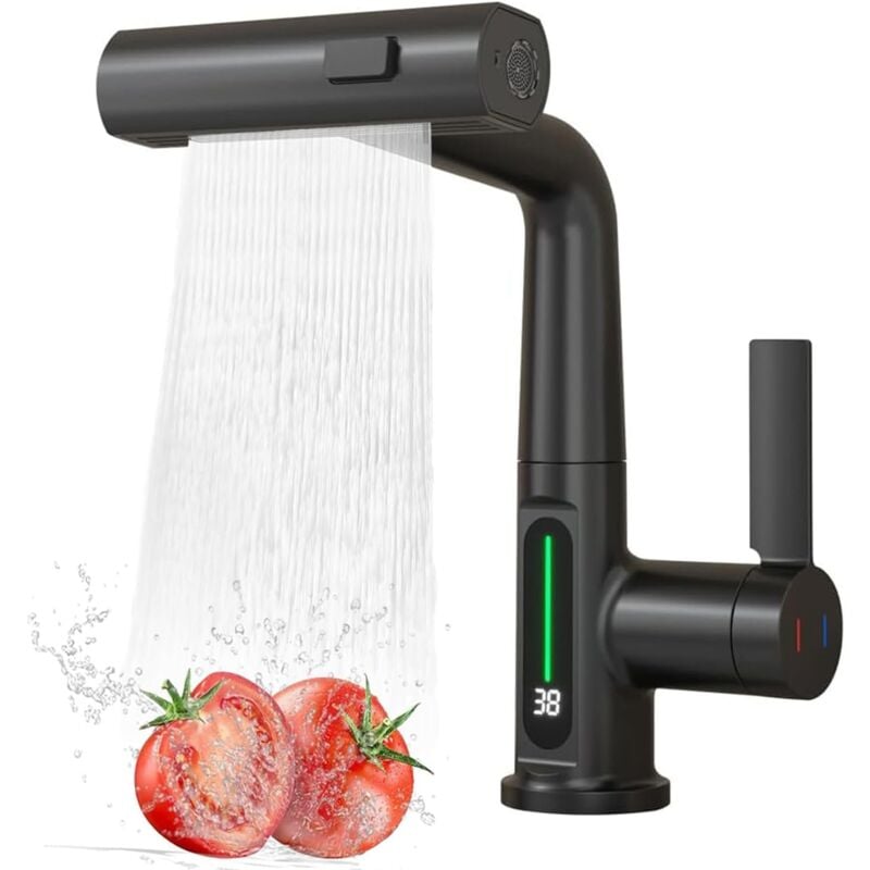 Longziming - Robinet de cuisine avec douchette extensible de 60 cm, robinet de cuisine avec écran led, robinet de cuisine avec 3 types de jets,