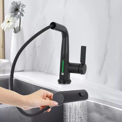 Robinet de Cuisine avec Douchette Extensible, Digital Affichage de la Température LED, Robinetterie Cuisine de Rotatif à 360°, 3 Modes Mitigeur d'Évier pour Lavabo Bains, Hauteur Réglable