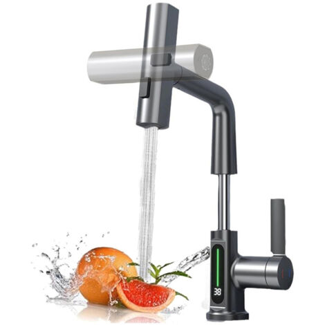 Robinet de Cuisine avec Douchette Extensible, Digital Affichage de la Température LED, Robinetterie Cuisine de Rotatif à 360°, 3 Modes Mitigeur d'Évier pour Lavabo Bains, Hauteur Réglable, Gris