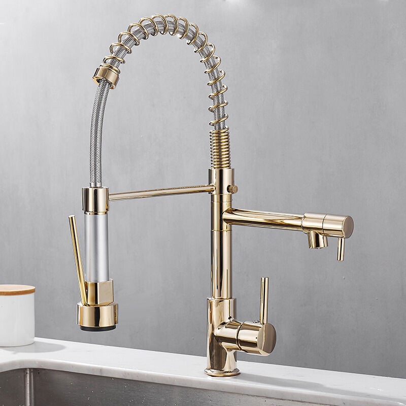 Robinet Cuisine Extractible 2 Jets Robinet Mitigeur Monocommande Pivotant à 360° Eau Froid et Chaud Disponible Doré