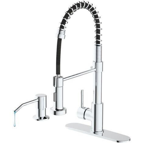 Robinet de cuisine avec douchette extensible - Robinet de cuisine avec ressort pivotant à 360° - Robinet de cuisine avec distributeur de savon et plaque de recouvrement - Mitigeur d'évier en laiton