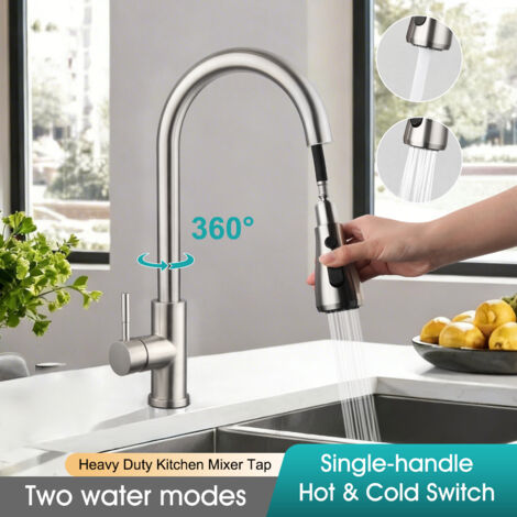 Robinet de cuisine avec douchette extractible, 3 jets, mitigeur haute pression pivotant à 360°, bec haut, en acier inoxydable, mitigeur monocommande pour évier