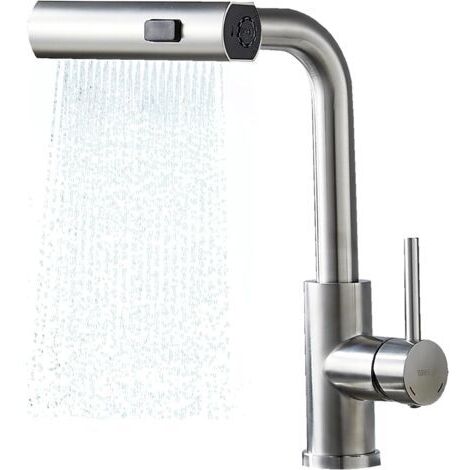 Robinet de cuisine avec douchette extractible, 3 types de jet, robinet d'évier pivotant à 360°, mitigeur en acier inoxydable SUS304, brossé