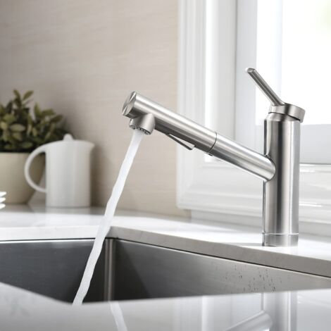 Robinet de cuisine avec douchette extractible – Acier inoxydable 304 – Finition nickel brossé – 2 modes de jet – Rotation 360° à 120° – Faustina