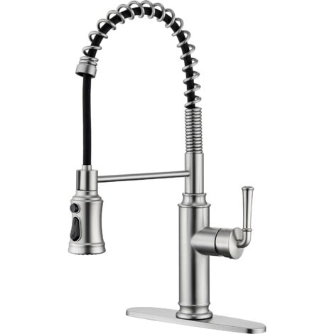 Robinet de cuisine avec douchette extractible, finition nickel brossé, poignée unique, montage sur plage, avec douchette extractible (plaque de montage incluse)