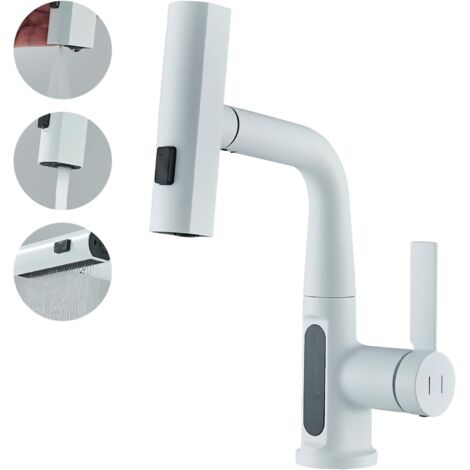 Robinet de cuisine avec douchette extractible, indicateur de temp¨rature LED, monolevier pivotant ¨¤ 360¡ã (blanc)
