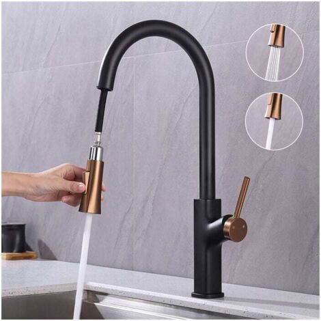Robinet de Cuisine avec Douchette Extractible Mitigeur Cuisine Bec Rotatif Mitigeur d'Évier avec 2 Jets Robinet d'évier pour Cuisine en Acier Inox Noir