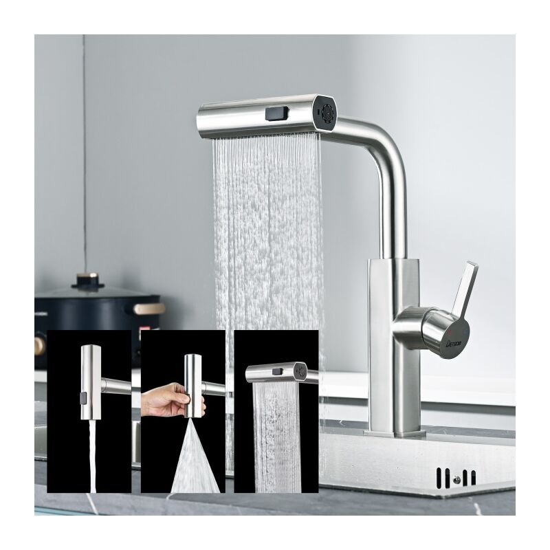 Detbom - Robinet de Cuisine avec Douchette Extractible Mitigeur Cuisine 3 Jets Bec Rotatif Mitigeur d'Évier en Acier Nickel Brossé