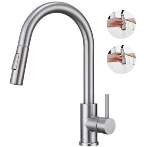 Robinet de Cuisine avec Douchette Extractible Mitigeur Cuisine Bec Rotatif Mitigeur d'Évier en Acier Nickel Brossé