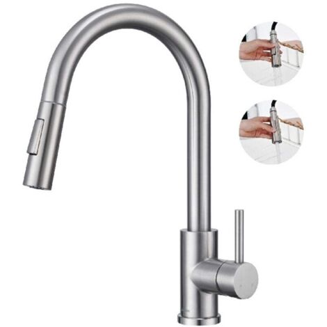 Robinet de Cuisine avec Douchette Extractible Mitigeur Cuisine Bec Rotatif Mitigeur d'Évier en Acier Nickel Brossé