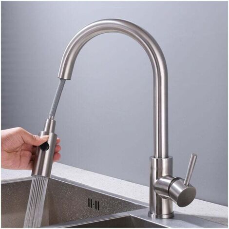 Robinet de Cuisine avec Douchette Extractible Mitigeur Cuisine Bec Rotatif Mitigeur d'Évier en Acier Nickel Brossé