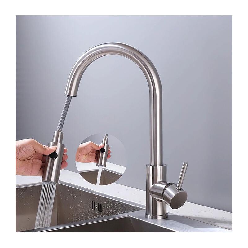 Ubeegol - Mitigeur de Cuisine avec Douchette Extractible Robinet de Cuisine Bec Rotatif Mitigeur d'Évier avec 2 Jets en Acier Nickel Brossé