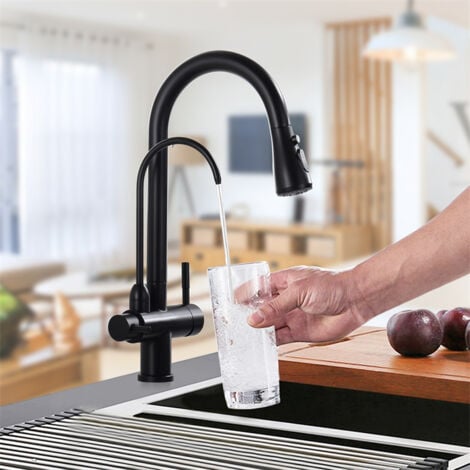UBEEGOL Robinet de Cuisine avec Douchette Extractible Mitigeur Cuisine Noir en Acier Inox Robinet d'évier pour Cuisine Rotatif à 360° Mitigeur Evier Cuisine 3 Voies Eau Potable Chaude et Froide