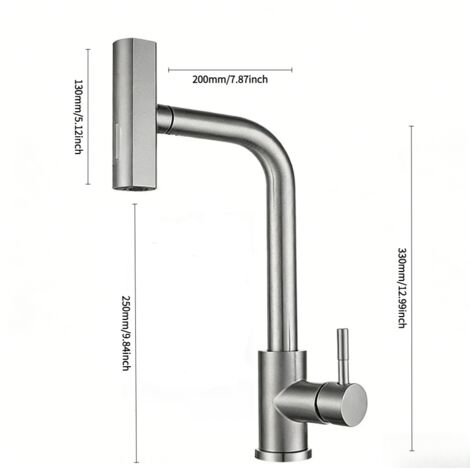 Robinet de cuisine avec douchette extractible, mitigeur de cuisine à effet cascade, trois modes de jet, pivotant à 360° et extractible, construction en acier inoxydable avec finition brossée.