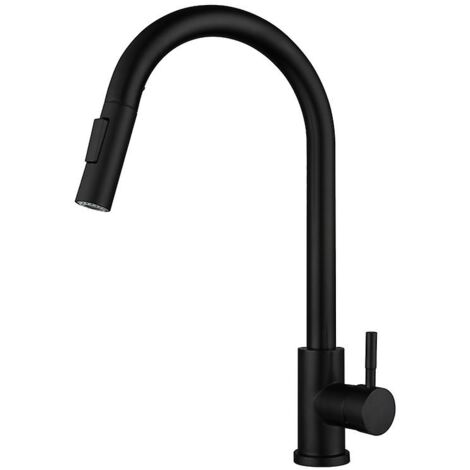 Robinet de cuisine avec douchette extractible, noir mat, pivotant à 360°, en acier inoxydable, mitigeur de cuisine à 2 fonctions.