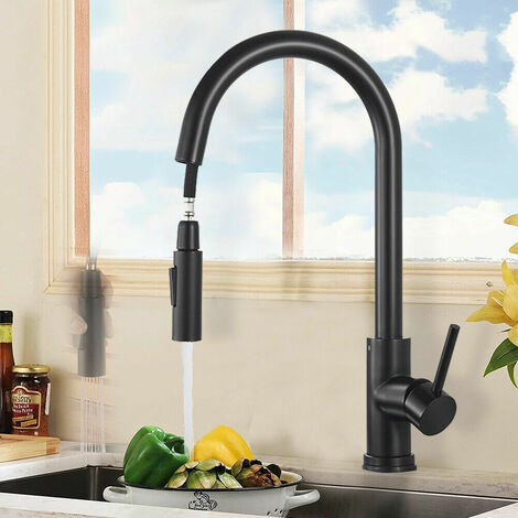 SHMSHNG Robinet de cuisine avec douchette extractible Noir mat Pivotant à 360° Mitigeur d'évier de cuisine en acier inoxydable Mitigeur de cuisine 2 fonctions KAEJYIUT
