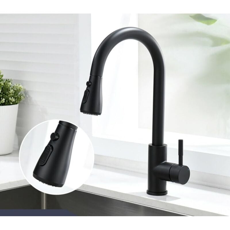 Robinet de cuisine avec douchette extractible Noir Robinet mitigeur d'évier pivotant à 360 degrés avec 3 modes de pulvérisation Robinet de cuisine à