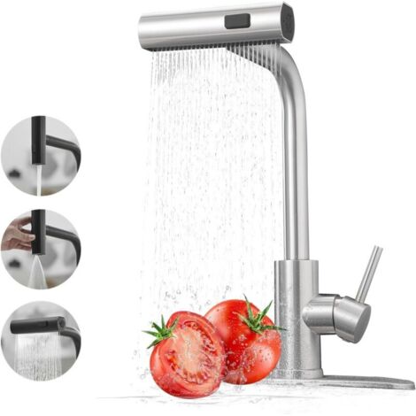 Robinet de cuisine avec douchette extractible, robinet d'évier effet cascade, robinet avec douchette extractible, 3 fonctions, finition brossée