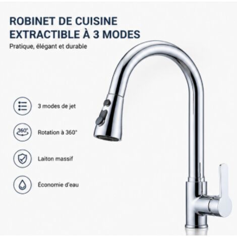 Robinet de cuisine avec douchette extractible – rotation à 360° – acier inoxydable – trois jets, avec flexible d'alimentation – dimensions 25 x 42 cm