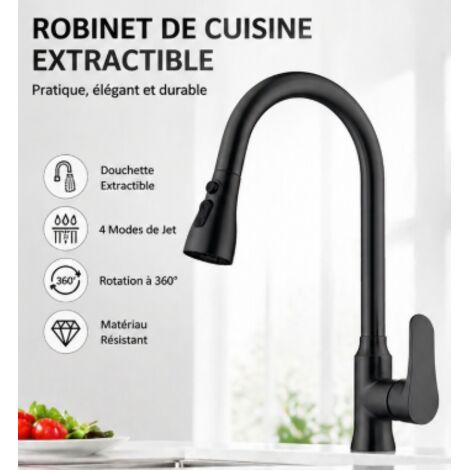 Robinet de cuisine avec douchette extractible – rotation à 360° – acier inoxydable – trois jets, avec flexible d'alimentation – dimensions 25 x 42 cm