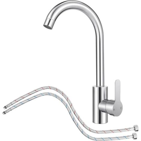 Robinet de cuisine avec flexible, mitigeur inox à 360°, douchette extractible, design courbé et pratique