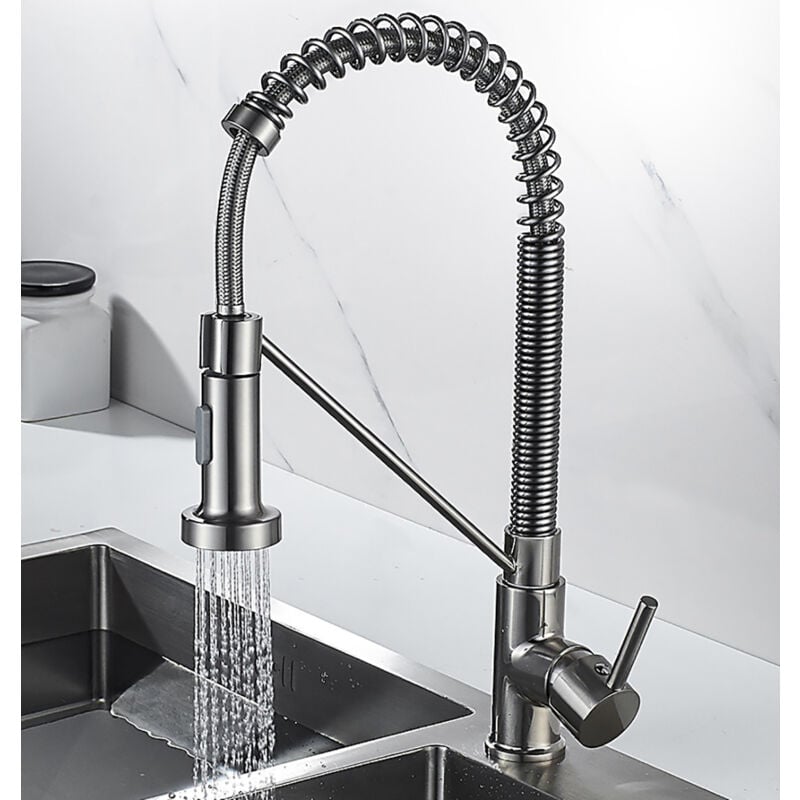 Jn.songs - Robinet de Cuisine avec Ressort en Spirale Robinets d'Évier avec Douchette Extensible Rotatif à 360°avec 2 Modes de Pulvérisation - Acier