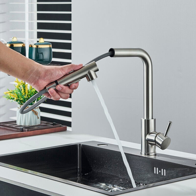 Suguword - Robinet de cuisine avec robinet de lavabo mobile 2 modes de pulvérisation, rotatif à 360° avec tête de pulvérisation extractible, acier