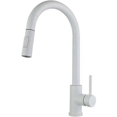 Robinet de cuisine, blanc, acier inoxydable, grand arc, extractible, pivotant à 360°, mitigeur d'évier à levier unique avec 2 modes, robinet de cuisine extractible