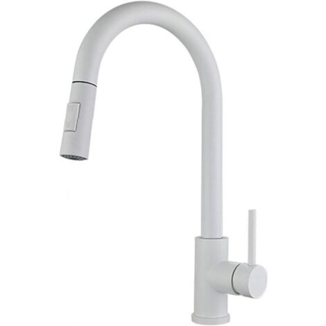 Robinet de cuisine, blanc, en acier inoxydable, à grand arc, extensible et pivotant à 360°, mitigeur d'évier à levier unique avec 2 modes, robinet de cuisine extensible