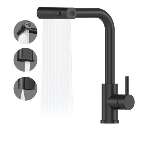 Robinet de cuisine cascade noir , mitigeur de cuisine avec douchette extractible , 3 modes de réglage , robinet d'évier de cuisine pivotant à 360° , acier inoxydable , finition noir mat