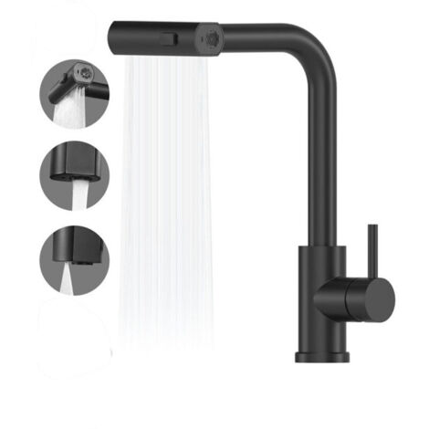 Robinet de cuisine cascade noir , mitigeur de cuisine avec douchette extractible , 3 modes de réglage , robinet d'évier de cuisine pivotant à 360° , acier inoxydable , finition noir mat