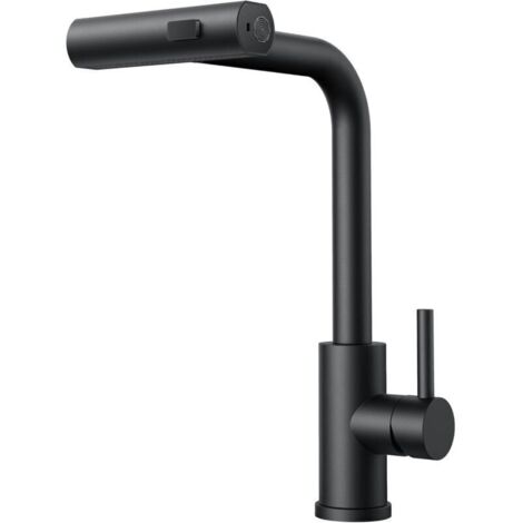 Robinet de cuisine cascade noir, rotatif 360° avec douchette. Acier inoxydable haute pression, levier unique, 3 modes de pulvérisation.