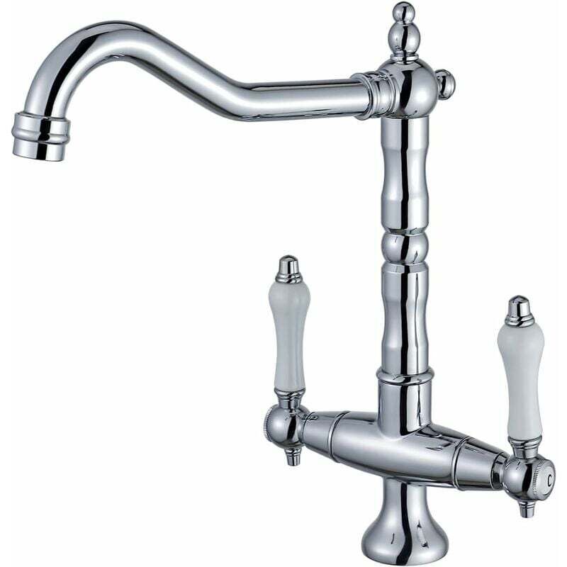 Robinet de cuisine chromé à double poignée Robinet d'évier pivotant à 360 °, mitigeur d'évier de cuisine, bec haut en laiton haute pression thsinde