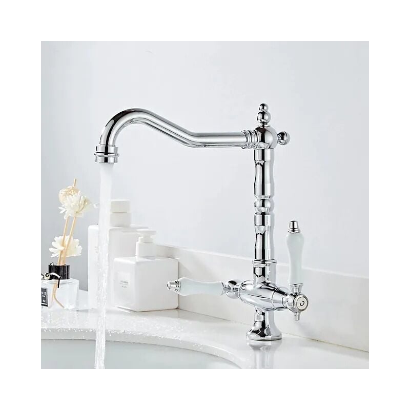 Jn.songs - Robinet de Cuisine Chrome Mitigeur Chaud et Froid à Poignée à 360° Robinet de Lavabo en Laiton avec Deux Poignées