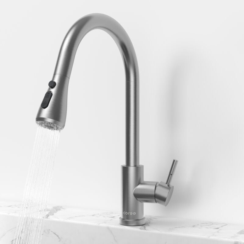 Coree - Robinet de Cuisine Mitigeur Cuisine Col de Cygne Brossée Douchette Extractible Rotatif à 360° Évier Acier Inoxydable 304 2 Modes