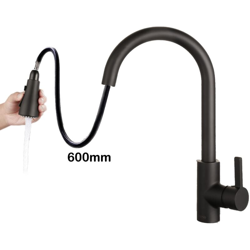Coree - Robinet de Cuisine Mitigeur Cuisine Col de Cygne Chromé Douchette Extractible Rotatif à 360° Évier Acier Inoxydable 2 Modes Noir