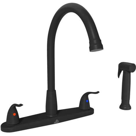 Robinet de cuisine de 20 cm avec douchette, noir mat, double poignée, montage sur plage (plaque de montage incluse) (douchette latérale incluse)
