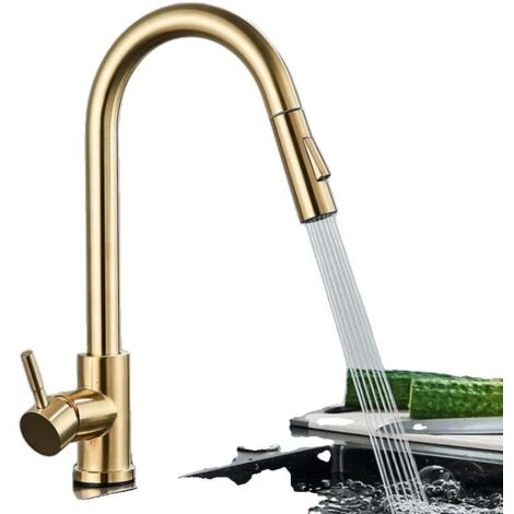 Robinet de cuisine, design moderne, douchette extensible, construction en laiton durable, finition or brossé