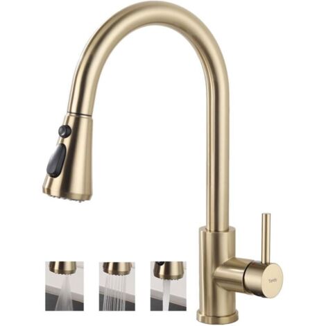 Robinet de Cuisine Doré avec Douchette Extractible, Mitigeur Évier avec 3 Modes de Pulvérisation, Robinetterie Monocommande Rotatif à 360° en Acier Inoxydable SUS304, Cartouche Céramique