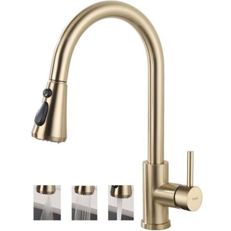Robinet de Cuisine Doré avec Douchette Extractible, Mitigeur Évier avec 3 Modes de Pulvérisation, Robinetterie Monocommande Rotatif à 360° en Acier Inoxydable SUS304, Cartouche Céramique