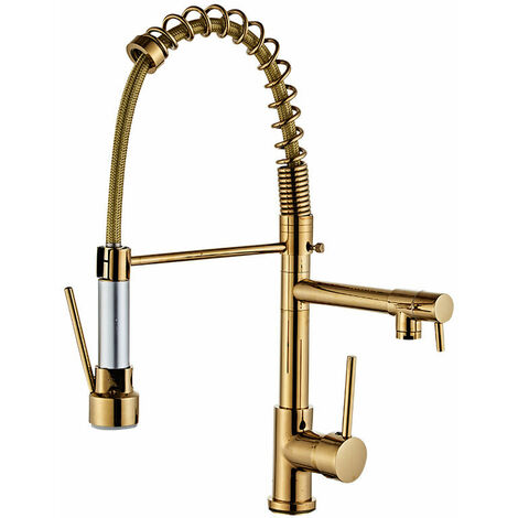 Robinet de cuisine doré - Avec ressort spiralé - Pivotant à 360° - Avec deux becs - Robinet de cuisine et douchette extensible - Haute pression（43CM）