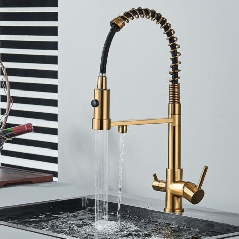 Robinet de Cuisine doré brossé à 3 voies avec Douchette Extractible, Mitigeur de Cuisine Flexible, Robinet d'Évier d'Eau Potable Réglable à 360° (Double Poignée), Corps en Laiton