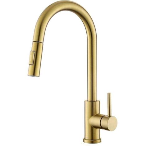 Robinet de cuisine doré brossé avec douchette extensible, mitigeur haute pression pour cuisine, moderne en acier inoxydable