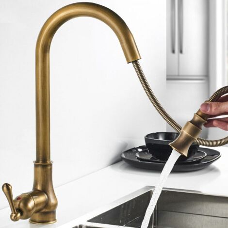 Robinet de cuisine en laiton antique en bronze antique, robinets mélangeurs répandus en cuivre monotrou avec pulvérisateur rétractable